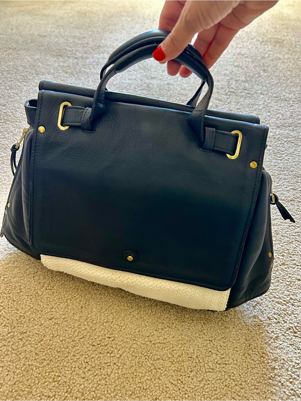 Structured Black Top-Handle Satchel with Gold Accents